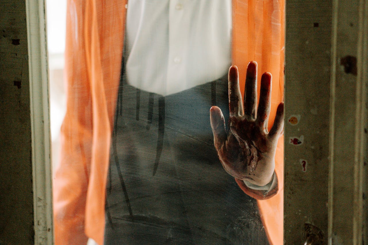 A spooky handprint left on a dusty glass door, conveying a sense of horror.