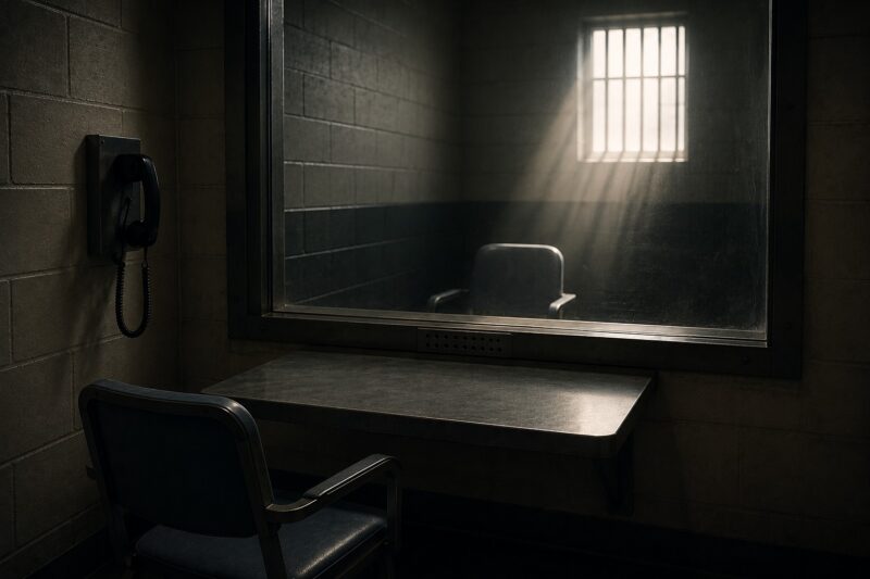 Atmospheric prison visitation room from Psychosis by Roger Bray featuring themes of wrongful conviction, justice, suspense, and psychological tension.