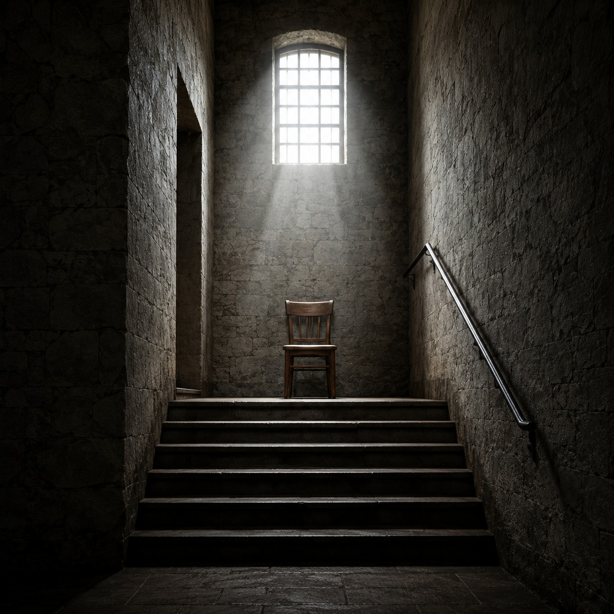 Atmospheric stairwell scene from Psychosis by Roger Bray, reflecting wrongful conviction, suspense, and psychological tension.