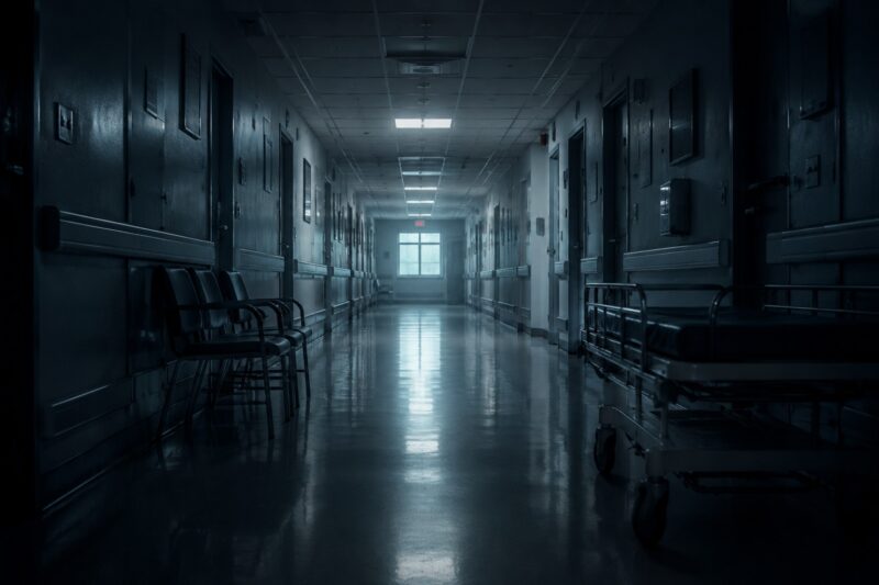 Cinematic empty hospital corridor with moody lighting representing isolation, trauma recovery and healing themes in psychological storytelling.