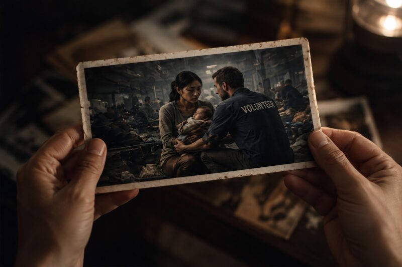Cinematic photograph held in two hands depicting a disaster relief scene, representing memory, identity, hope and deception in The Picture by Roger Bray. Cinematic photograph held in two hands depicting a disaster relief scene, representing memory, identity, hope and deception in The Picture by Roger Bray.