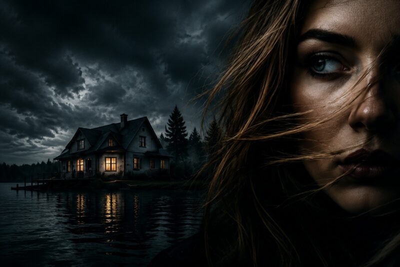 Dark psychological thriller scene with a woman in the foreground and a mysterious lakeside house at night, reflecting themes from books like Gone Girl and unreliable narrator psychological thrillers.