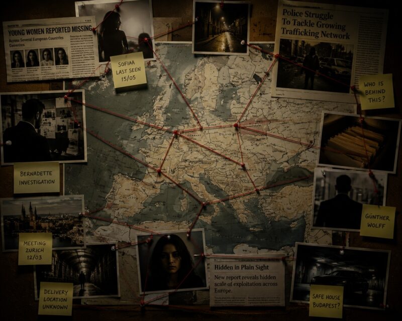 Investigation board connecting clues across Europe in an international crime thriller.