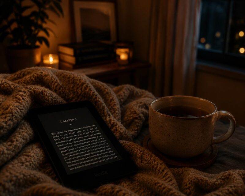 Person reading psychological thriller on Kindle in warm low light Kindle Paperwhite