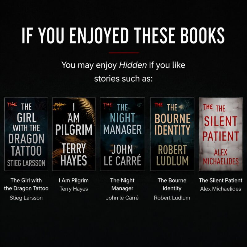 Recommended thriller books for readers of Hidden by Roger Bray, featuring international crime, conspiracy and suspense novels including I Am Pilgrim and The Bourne Identity.