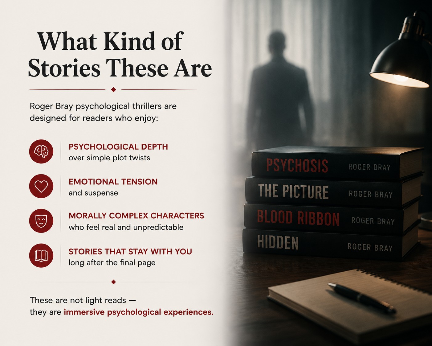 Roger Bray books psychological thrillers banner highlighting psychological depth, suspense, moral complexity, and immersive dark fiction reading experience.