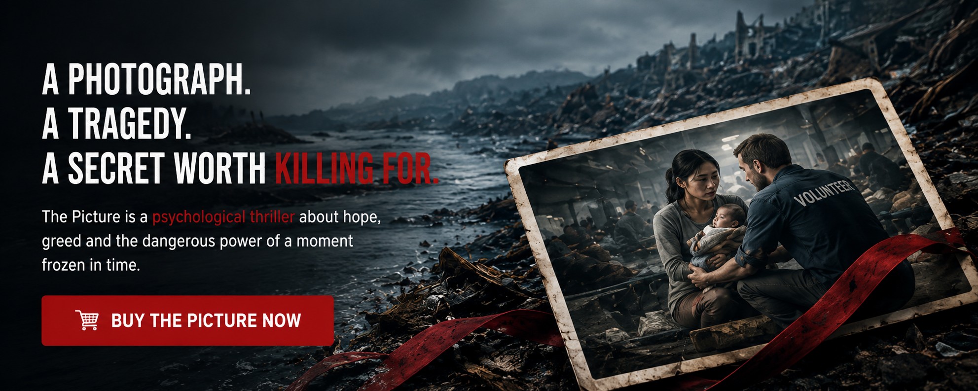 The Picture by Roger Bray psychological thriller banner featuring tsunami devastation, a symbolic photograph and themes of hope, greed, obsession and suspense.