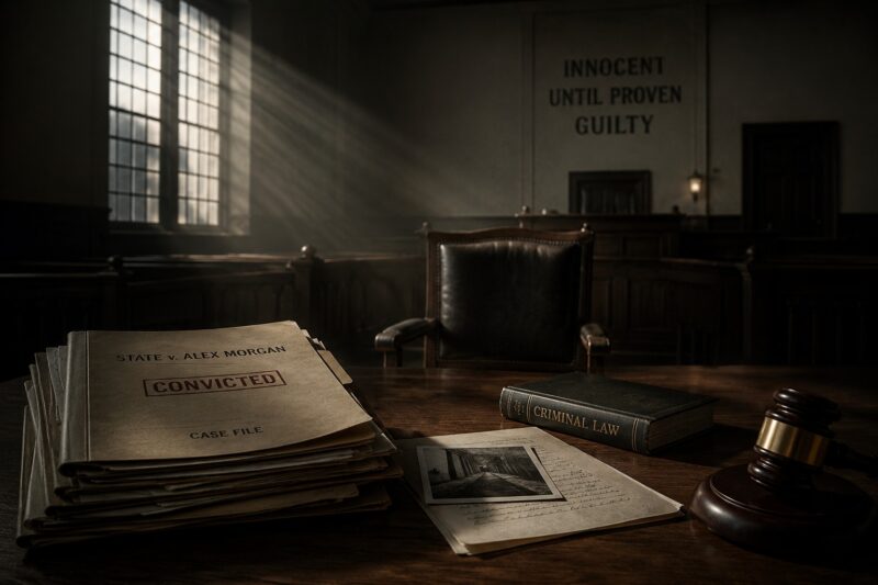 Wrongful conviction courtroom scene from Psychosis by Roger Bray featuring legal case files, judicial imagery, and themes of justice, mystery, and psychological suspense.