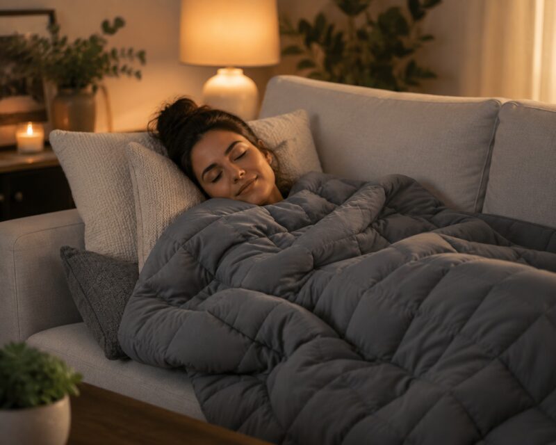 Person reading thriller under weighted blanket Weighted blanket (for reading anxiety regulation comfort)