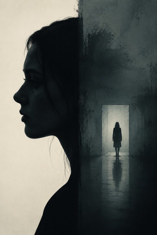 Dark psychological thriller atmosphere representing books like The Silent Patient