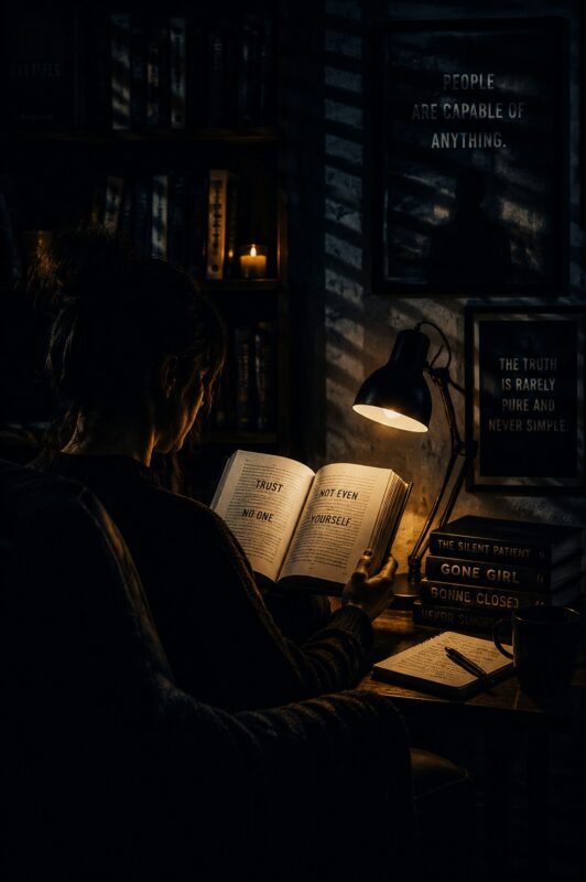 Person reading a psychological thriller book showing why psychological thrillers are so addictive
