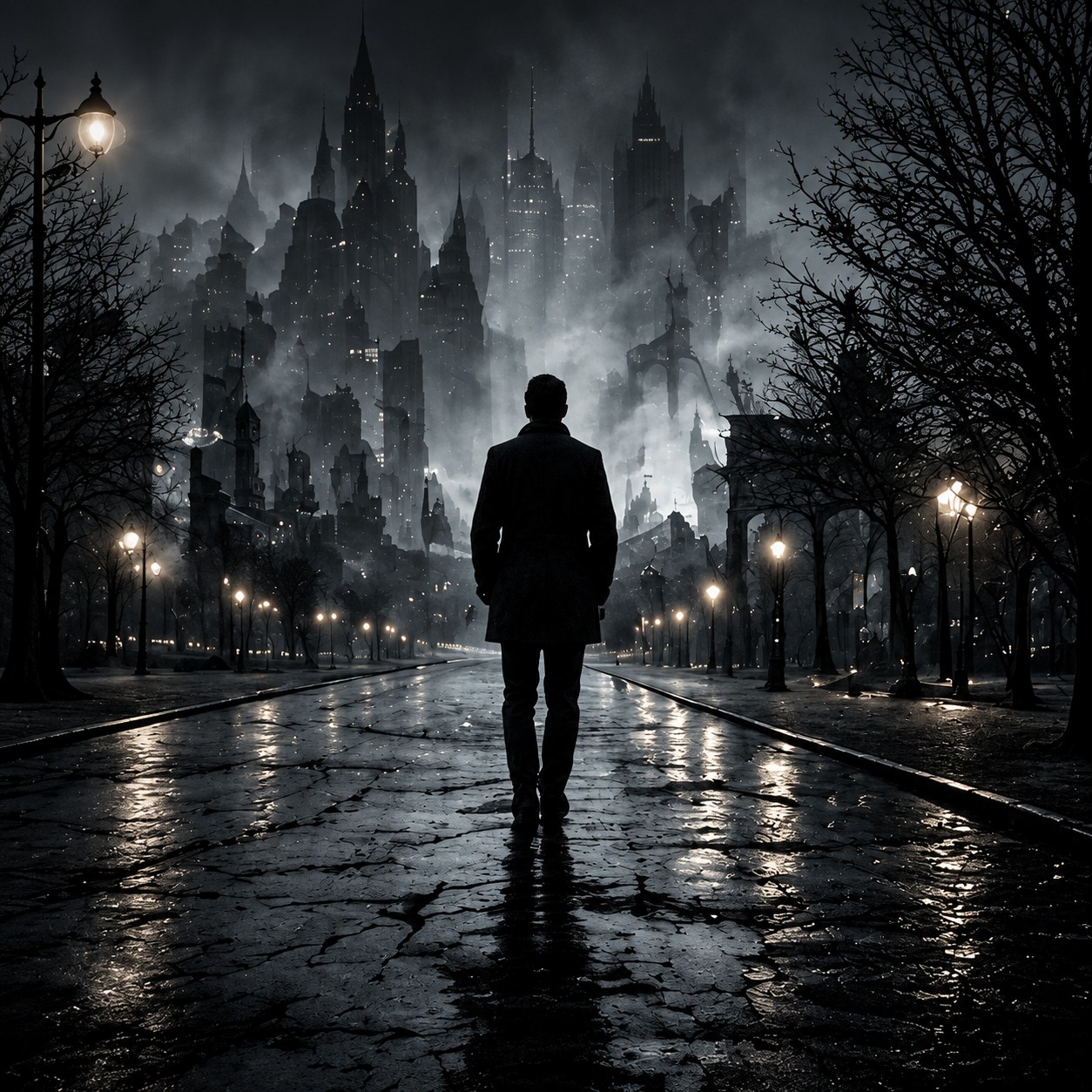 Lone man walking toward a misty city at night, representing Roger Bray’s psychological thriller books.